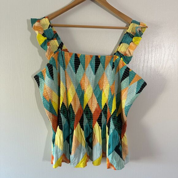 Torrid Peplum Crinkle Gauze Smocked Tank Top Geometric‎ Multi-Color tank Size 4X - Picture 1 of 7
